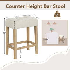Set of 2 Backless Saddle Counter Stools with Sherpa Seats and Natural Wood Legs, 24 Inch