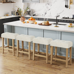 Set of 2 Backless Saddle Counter Stools with Sherpa Seats and Natural Wood Legs, 24 Inch