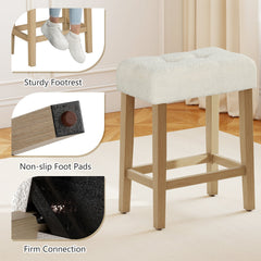 Set of 2 Backless Saddle Counter Stools with Sherpa Seats and Natural Wood Legs, 24 Inch