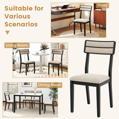 Set of 2 Dining Chairs, Black Rubber Wood with Beige Linen Seat and Two Rail Padded Back