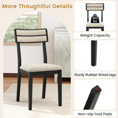 Set of 2 Dining Chairs, Black Rubber Wood with Beige Linen Seat and Two Rail Padded Back