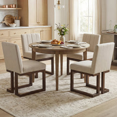 Set of 4 Channel Back Dining Chairs, Beige Fabric with 5.5 Inch Sprung Seats and Walnut Sled Bases