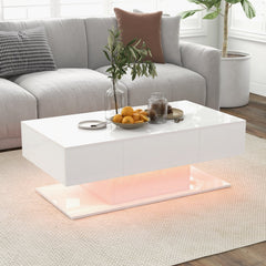 LED Coffee Table with 20 Colour Lights, Remote and 2 Push Open Drawers, White Gloss
