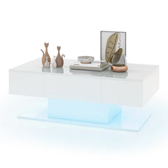 LED Coffee Table with 20 Colour Lights, Remote and 2 Push Open Drawers, White Gloss