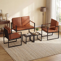 44 in Faux Leather Loveseat on a Black Metal Frame with Zipped Covers, Tan, 400 lb Capacity