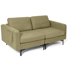 66 in Olive Green Linen Loveseat, Two Seat Modules with 22 in Deep Seats and an Arm Pocket