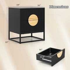Modern Mid Century Fluted Nightstand with 2 Drawers and Pine Wood Handles for Bedroom-Black