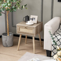 Modern Rattan Nightstand with Drawer and Solid Wood Legs, Natural