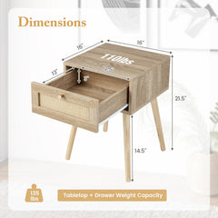 Modern Rattan Nightstand with Drawer and Solid Wood Legs, Natural