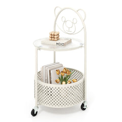 Sofa Side Table on Lockable Wheels with Glass Top and Bear Frame, White