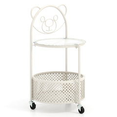Sofa Side Table on Lockable Wheels with Glass Top and Bear Frame, White