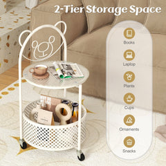 Sofa Side Table on Lockable Wheels with Glass Top and Bear Frame, White
