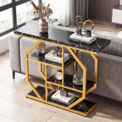 Modern Sofa Table Behind Couch 4-Tier Console Table with Faux Marble Tabletop-Black