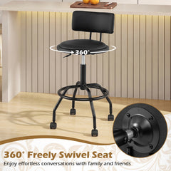 Rolling Adjustable Bar Stool with Backrest and Four Castors, 26 to 30.5 Inch Seat