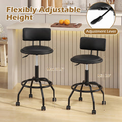Rolling Adjustable Bar Stool with Backrest and Four Castors, 26 to 30.5 Inch Seat