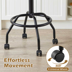 Rolling Adjustable Bar Stool with Backrest and Four Castors, 26 to 30.5 Inch Seat