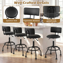 Rolling Adjustable Bar Stool with Backrest and Four Castors, 26 to 30.5 Inch Seat