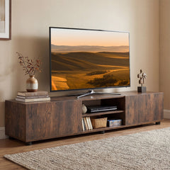 Modern TV Stand for up to 70 inches TVs Minimalist Entertainment Center with 2 Doors and Open Shelves-Rustic Brown