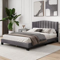 Queen Upholstered Platform Bed with 2 Height Channel Tufted Headboard and 12 LVL Slats
