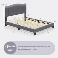 Queen Upholstered Platform Bed with 2 Height Channel Tufted Headboard and 12 LVL Slats