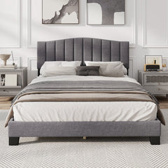 Queen Upholstered Platform Bed with 2 Height Channel Tufted Headboard and 12 LVL Slats