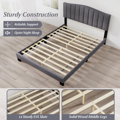 Queen Upholstered Platform Bed with 2 Height Channel Tufted Headboard and 12 LVL Slats