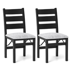 Set of 2 Folding Ladder Back Dining Chairs, Black Rubber Wood with Grey Linen Padded Seat