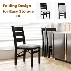 Set of 2 Folding Ladder Back Dining Chairs, Black Rubber Wood with Grey Linen Padded Seat