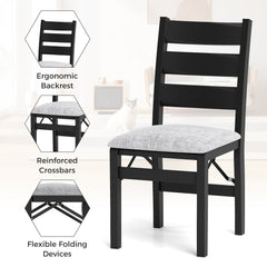 Set of 2 Folding Ladder Back Dining Chairs, Black Rubber Wood with Grey Linen Padded Seat