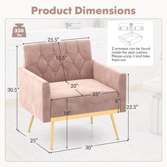 Modern Velvet Accent Chair with Button Tufted Back Golden Metal Legs and Adjustable Foot Pads-Pink