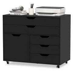 Modern Vertical 5-Drawer Mobile Chest with Door 5 Casters-Black