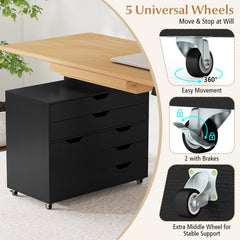 Modern Vertical 5-Drawer Mobile Chest with Door 5 Casters-Black