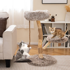 35.5 Inch Pear Wood Cat Tree with a 16 Inch Round Bed and Jute Rope