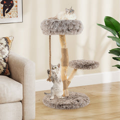 35.5 Inch Pear Wood Cat Tree with a 16 Inch Round Bed and Jute Rope