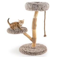 35.5 Inch Pear Wood Cat Tree with a 16 Inch Round Bed and Jute Rope