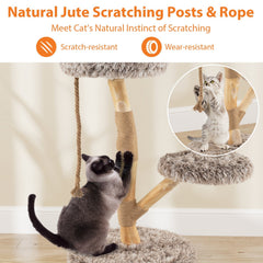 35.5 Inch Pear Wood Cat Tree with a 16 Inch Round Bed and Jute Rope