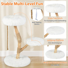 White Cat Tree 35.5 Inches on a Pear Wood Trunk with Two Round Beds