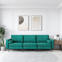 3 Seat Modular Sofa in Peacock Blue Suede, 97 in Wide with 25.5 in Deep Seats and Arm Caddy