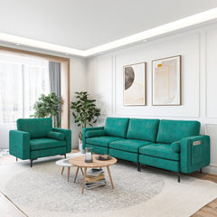 3 Seat Modular Sofa in Peacock Blue Suede, 97 in Wide with 25.5 in Deep Seats and Arm Caddy