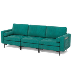 3 Seat Modular Sofa in Peacock Blue Suede, 97 in Wide with 25.5 in Deep Seats and Arm Caddy