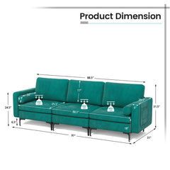 3 Seat Modular Sofa in Peacock Blue Suede, 97 in Wide with 25.5 in Deep Seats and Arm Caddy