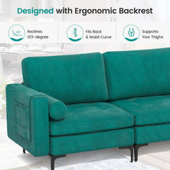 3 Seat Modular Sofa in Peacock Blue Suede, 97 in Wide with 25.5 in Deep Seats and Arm Caddy