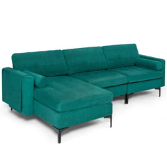 97 in L Shaped 3 Seat Sectional in Teal Suede with a 46.5 in Chaise That Moves Left or Right