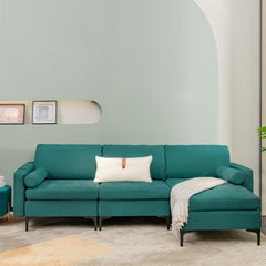 97 in L Shaped 3 Seat Sectional in Teal Suede with a 46.5 in Chaise That Moves Left or Right