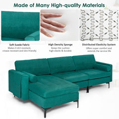 97 in L Shaped 3 Seat Sectional in Teal Suede with a 46.5 in Chaise That Moves Left or Right