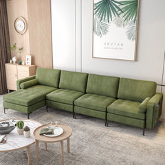 127 in L Shaped 4 Seat Sectional in Army Green Suede with a 46.5 in Chaise and Built In Socket