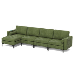 127 in L Shaped 4 Seat Sectional in Army Green Suede with a 46.5 in Chaise and Built In Socket