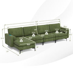 127 in L Shaped 4 Seat Sectional in Army Green Suede with a 46.5 in Chaise and Built In Socket