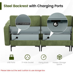 127 in L Shaped 4 Seat Sectional in Army Green Suede with a 46.5 in Chaise and Built In Socket