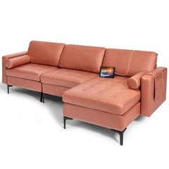 97 in L Shaped 3 Seat Sectional in Coral Leather Look Fabric with a 46.5 in Chaise to Lie On